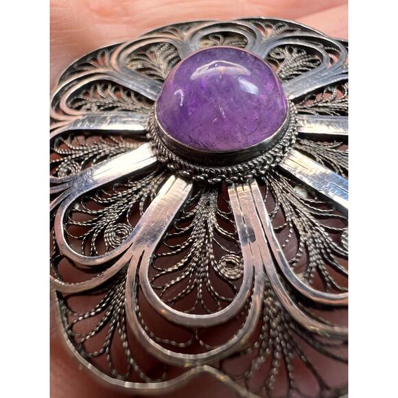 Vintage filigree amethyst sterling silver brooch made in Jerusalem - Picture 3 of 12